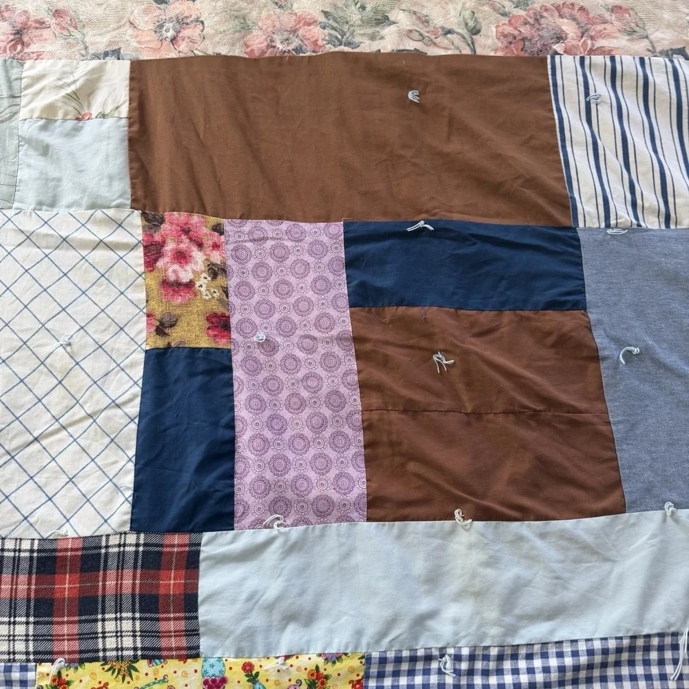 Vintage Handmade Scrap Patchwork Tie Quilt Folk Art Primitive Throw